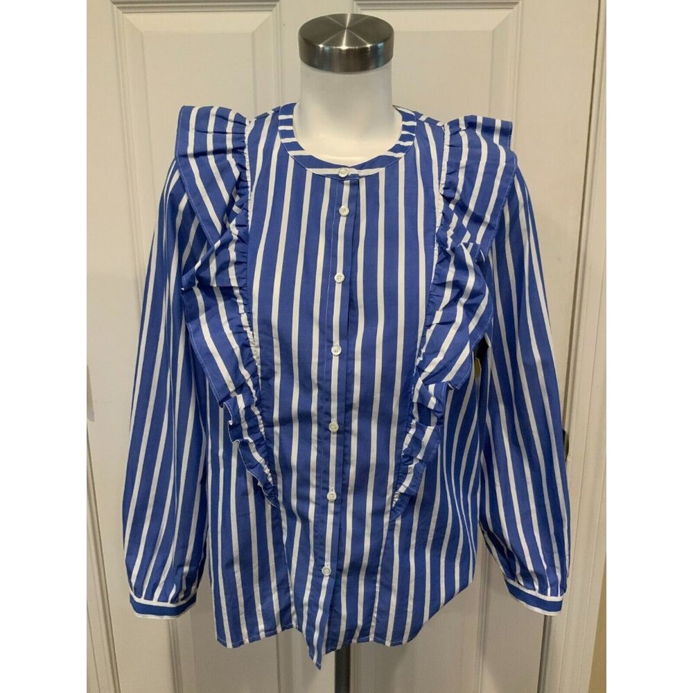 J. Crew Factory Blue & White Vertical Stripe Ruffle Blouse